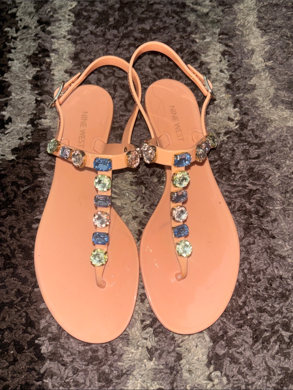 Nine West Coral T-Strap Sandals with Multicolor Gem Accents